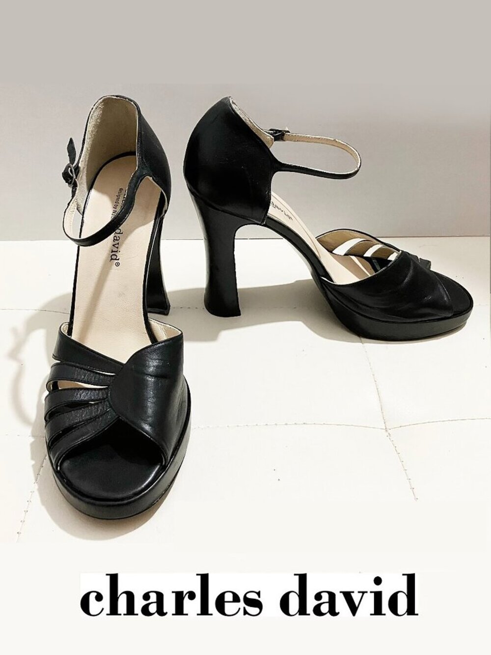 Charles David by Nathalie M Leather Black Strap Sandal Block Heels | Size 9B